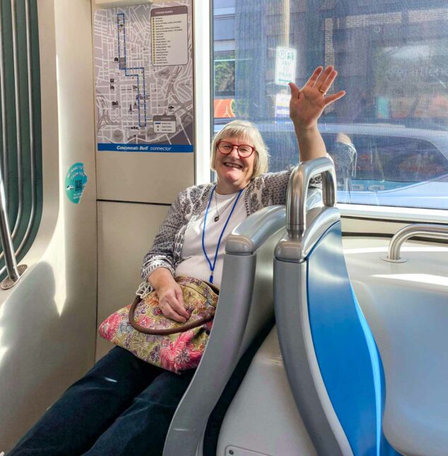 A woman on a bus.
