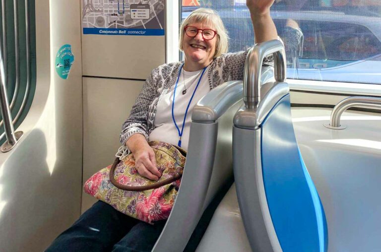 A woman on a bus.