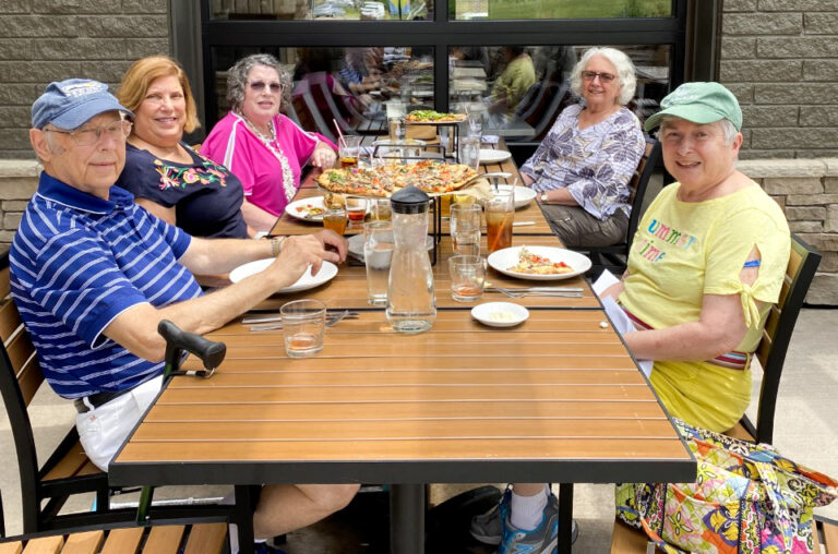 A group of elderly people eating at a picnic table.