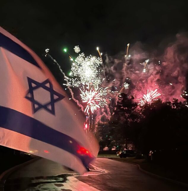 Israeli Flag in front of fireworks