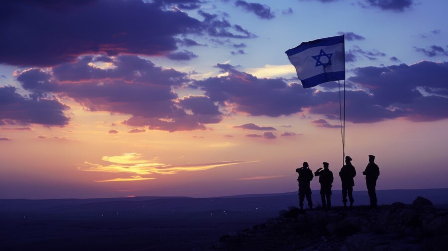 Soldiers standing in front of the sunset holding the Israeli flag.