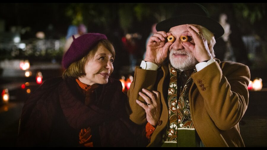 Woman and man laughing together