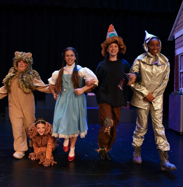 The lion, Dorothy, scarecrow, and tin man walking in the Wizard of Oz