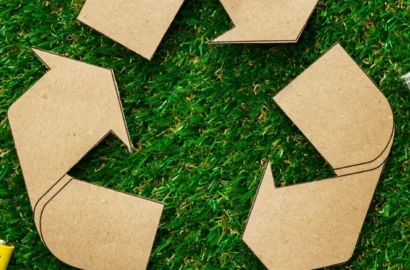 Batteries and lightbulbs next to recycling symbol