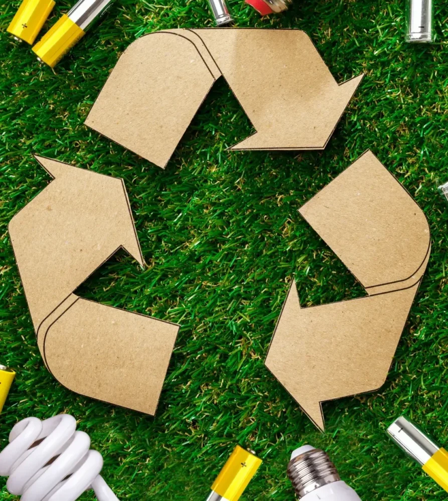 Batteries and lightbulbs next to recycling symbol