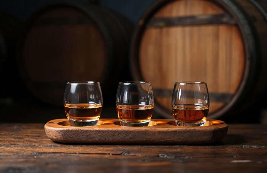 Three bourbon glasses on a table